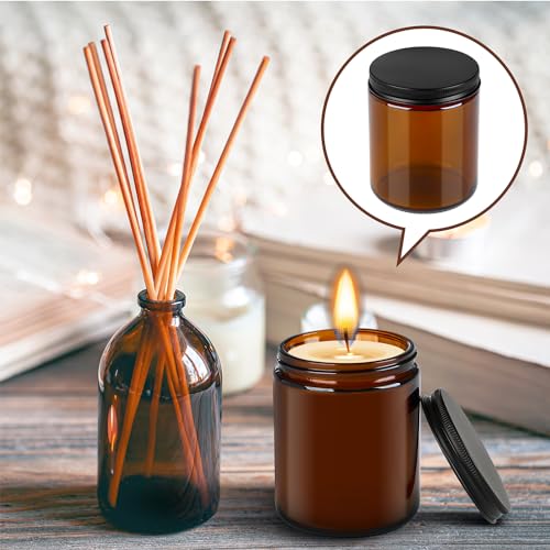 Goiio 6 Pack Amber Glass Jars, 8 Oz Thick Amber Round Glass Jars | with Black Metal Lids, for Spice, Sample, Leakproof and Dishwasher Safe