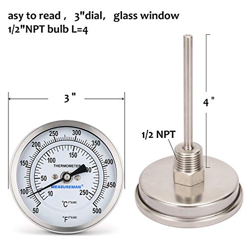 Measureman Fully Stainless Steel Bimetal Dial Thermometer, 3" Dial, 4" Stem, 50-500 deg F/10-260 deg C, -1% Accuracy, Adjustable, 1/2" NPT Back Mount - size: 50-500 deg F/10-260 deg C, style: 4" Stem