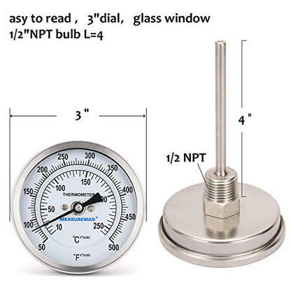 Measureman Fully Stainless Steel Bimetal Dial Thermometer, 3" Dial, 4" Stem, 50-500 deg F/10-260 deg C, -1% Accuracy, Adjustable, 1/2" NPT Back Mount - size: 50-500 deg F/10-260 deg C, style: 4" Stem