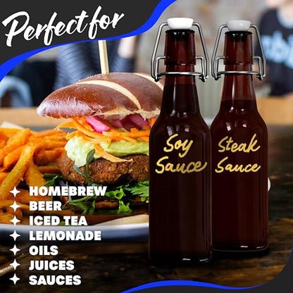 Nevlers 8.5 Oz Amber Swing Top Glass Bottles with Airtight Lid 18 Pack | Beer Bottle with Stopper , Funnel, Brush & Marker | Reusable Flip Top Glass Bottle Set | Homemade Vanilla Extract Bottles - size: 18 Pack, style: 8.5 Ounce