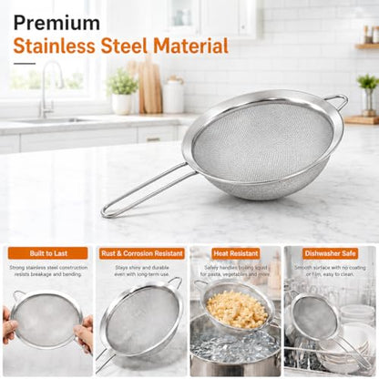 HiramWare Fine Mesh Strainer Set of 3, Premium Stainless Steel Colander with Handle, Large, Medium, Small Sieve for Tea, Pasta, Rice, Fruits, Berries, Flour, Veggies, Metal Sifter for Kitchen - size: Large + Medium + Small