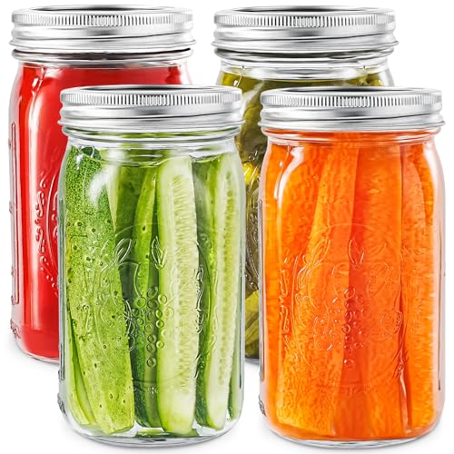 Miuyhji Wide Mouth Mason Jars 32 oz with Lids [4 Pack], Canning Jars with Metal Airtight Lids and Bands, 32 oz Glass Jars for Fermenting, Pickling, Freezing, Preserving, Meal Prep, Jar Décor - size: 32 oz-4Pcs