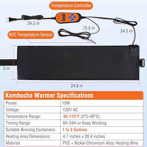Kombucha Heating Wrap, Kombucha Jar Heat Wrap with Digital Temperature Control and Timing Function, Fermentation Heater Carboy Warmer Fits Most Fermenter Vessels 1 to 3 Gallons