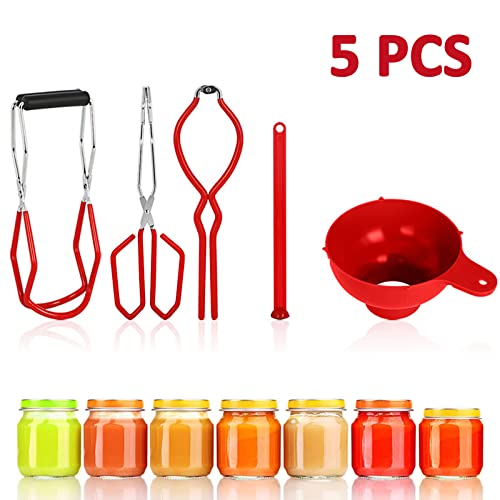 5PCS Canning Supplies Canning Kit, Canning Essentials Set Include Tongs, Wide Mouth Funnel, Jar Lifter, Jar Wrench, Magnetic Lid Lifter, Stainless Steel Anti-Scald Clip Suit (Red) - color: Red