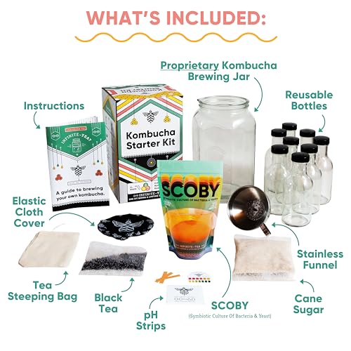 Craft A Brew - Kombucha Deluxe Starter Kit - For Home Brewing - Includes Kombucha Kit and SCOBY, plus 8 16oz Reusable Kombucha Bottles, Stainless Funnel and Strainer, and PH test Strips - color: Deluxe Kit