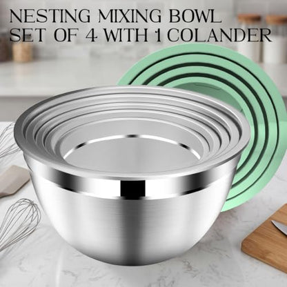 DUTZUN Mixing Bowls with Lids Set, Stainless Steel Mixing Bowl Set with Colander, Strainer with Bowls - Pistachio - style: 9PCS Pistachio