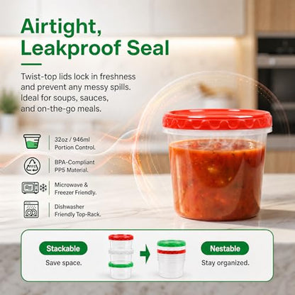 EONJOE 32oz Plastic Freezer Food Leftovers Containers with Lids, 12pcs | Reusable ,Airtight & BPA-free for fresh food. Dishwasher/freezer safe, perfect for daily meal prep, portion control - size: 32oz