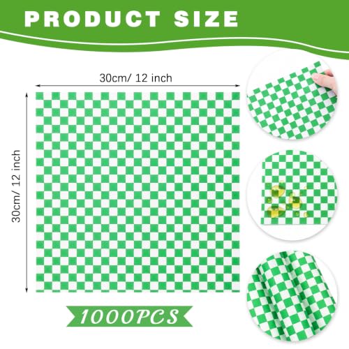 1000 Pcs Deli Paper Sheets 12x12", Premium Food Basket Liners, Grease Resistant Wax Paper Sheets for Food, Classic Checkered Sandwich Wrapping Paper for Party, Festival and Outdoors - color: Green