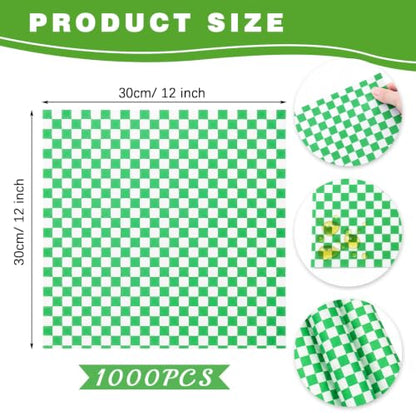 1000 Pcs Deli Paper Sheets 12x12", Premium Food Basket Liners, Grease Resistant Wax Paper Sheets for Food, Classic Checkered Sandwich Wrapping Paper for Party, Festival and Outdoors - color: Green
