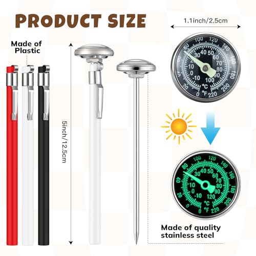 Xuhal 6 Pcs Stainless Steel Kitchen Glow Thermometer with 5 Inch Long Stem 1 Inch Dial Thermometer Milk Frothing Food for Oven Probe Meat Grill BBQ Cooking Chocolate Water(Red,White,Black) - color: Red,White,Black