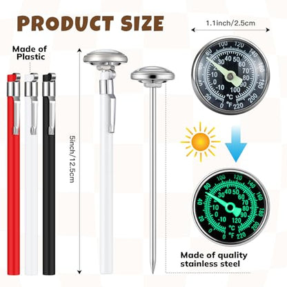 Xuhal 6 Pcs Stainless Steel Kitchen Glow Thermometer with 5 Inch Long Stem 1 Inch Dial Thermometer Milk Frothing Food for Oven Probe Meat Grill BBQ Cooking Chocolate Water(Red,White,Black) - color: Red,White,Black