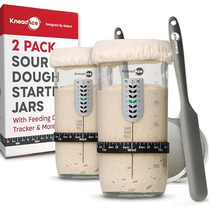 KNEADACE Sourdough Starter Jar With Date Marked Feeding Band, Thermometer, Sourdough Jar Scraper, Sourdough Container Sewn Cloth Cover & Metal Lid, Sourdough Starter Kit (2 Pack) - color: 2 Pack