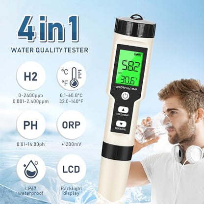 Hydrogen Water Tester 4 in 1 PH,H2,ORP&Temp,pH Meter ORP Meter Hydrogen Tester for Water with ATC & Backlight,Accurate Hydrogen Water ppb/ppm Meter - size: 4 in 1