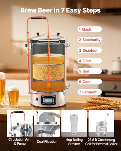 VEVOR Beer Brewing Equipment, 16 Gal/60L Beer Maker with Anti-Burn Pump and Wort Chiller,3000W All-in-One Home Brewing Kit with Digital Control, Recipe Memory & Timer, Removable mesh strainer - size: 16 Gal