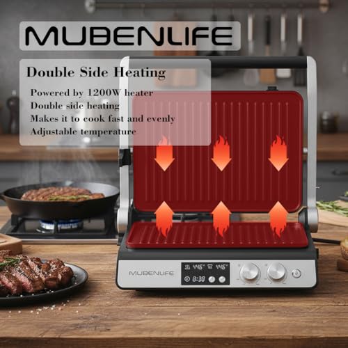Panini Press,4 Slices Contact Grill with Removable Non-Stick Coated Grill and Flat Plates,Panini Makers with Temperature Control and Timer,Open 180 Degrees,Grill and Griddle (Half black with digital) - color: Half black with digital