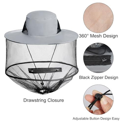 Sucrain Mosquito Head Net Hat Sun Hat Garden Bug Hat with Hidden Net Mesh for Outdoor Gardening Beekeeping - color: Grey