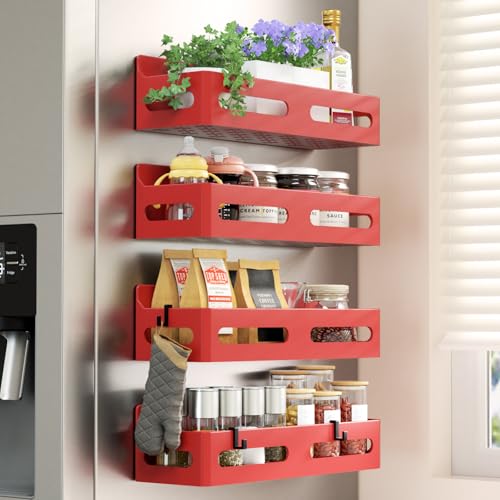 Sevenblue 4-Pack Magnetic Spice Rack for Refrigerator with Hooks, Red | Strong multipurpose magnetic shelf for kitchen & bathroom organization. Includes 4 removable hooks for hanging items. - color: Red, size: 4 Pack