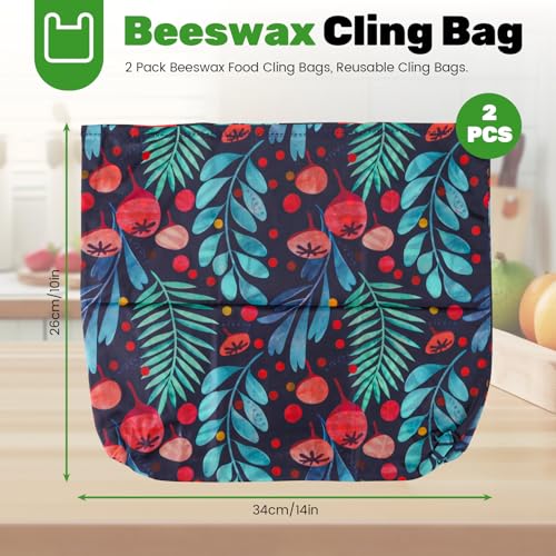 2 Pack Beeswax Wraps Bag for Food, 14x10in, Reusable Bread Bags for Homemade Bread, Beeswax Paper Food Storage Wrap for Sourdough, Sandwich, Cheese, Fruit, Snack, Leaf - style: Leaf