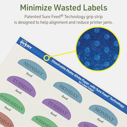 Avery Dissolvable Oval Labels, Sure Feed Technology, 1" x 2", Matte White, Print-to-The-Edge, Laser/Inkjet Printable, 120 Labels Total - style: 120 labels