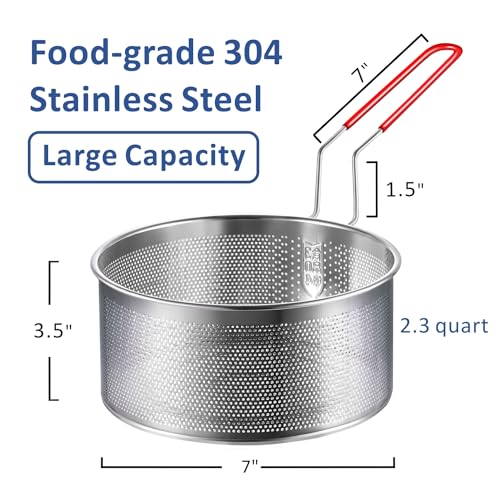Yimi 7 inch Deep Fryer Basket 304 Stainless Steel for Frying French Fries | 7''x4.1'' Colander with Heat Resistant Silicone Handle, Stainless Steel for Cooking Noodles Vegetables, 2.3-Quart - size: 7'' Deep Fry Basket