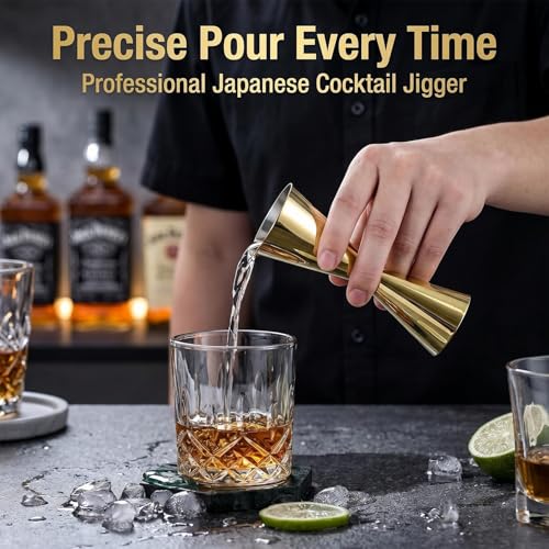 Gold Japanese Jigger 1oz/2oz Double Cocktail Measuring Jigger with Internal Markings (10ml/20ml, 30ml/45ml), Heavy Duty 18/8 Stainless Steel Mirror Finish Bar Tool for Bartending - color: Gold