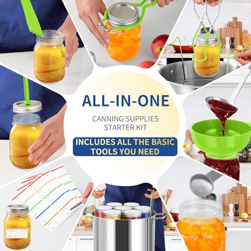 Canning Supplies Starter Kit,Canning Kit for Beginners of 9 with Jar Lifter，Wide Mouth Funnel,Wrench,Tongs,Lid Lifter,Bubble Popper,Canning Labels,ladle,Measuring spoon-Neon Green - color: X9-Neon Green