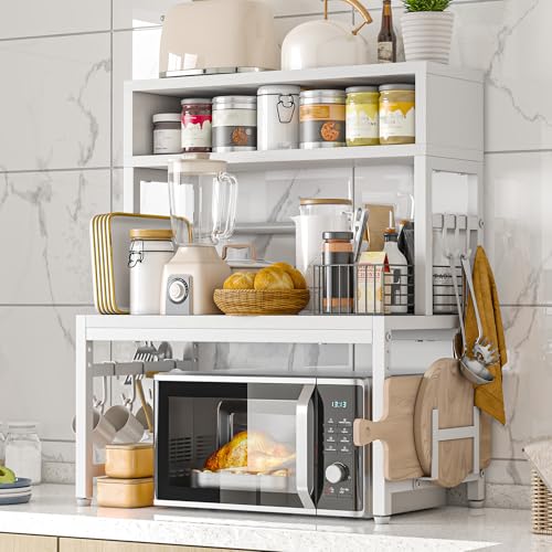 EnHomee 4-Tier Microwave Stand for Kitchen Storage, White | 205 lb Capacity, Adjustable Kitchen Shelves with 9 Hooks & Cutting Board Rack - color: White
