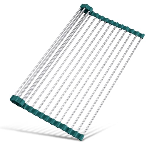Tomorotec Stainless Steel Roll Up Dish Drying Rack, Foldable Over The Sink Rolling Drainer Rack, Multipurpose Kitchen Gadget Draining Caddy Organizer, Space Saving Sink Accessory Storage Shelf Holder - color: Dark Green, size: 17.7 x 12.5 in