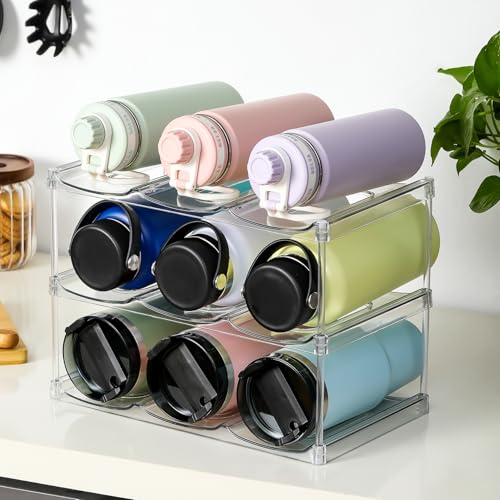 LARGER Compartment - Stackable Water Bottle Organizer Holder - for Stanley & Others' Large Tumbler - Clear Wine Rack, Cup Bottle Holder for Cabinet Home Countertop Fridge Pantry Shelf, 3 Tier Hold 9 - size: 3 Tier - Hold 9