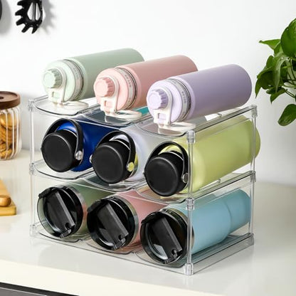 LARGER Compartment - Stackable Water Bottle Organizer Holder - for Stanley & Others' Large Tumbler - Clear Wine Rack, Cup Bottle Holder for Cabinet Home Countertop Fridge Pantry Shelf, 3 Tier Hold 9 - size: 3 Tier - Hold 9