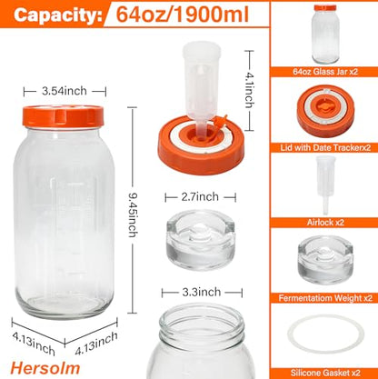 64oz/1.9L Fermentation Jar 2 Pack with 6 Set of Lids and Airlocks