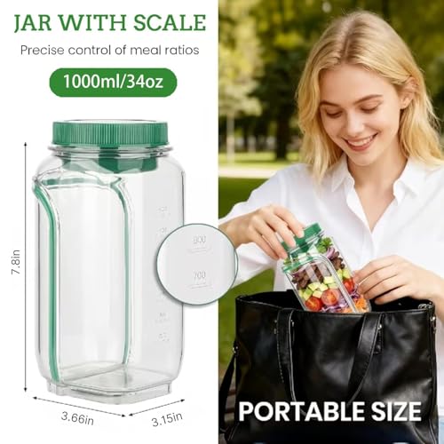 Salad Jar with Side Opening, Leakproof Mason Jar Container, Portable Salad To Go Container with Dressing Cup for Travel Home Office, Dishwasher Safe