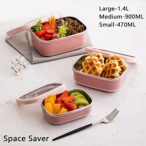 Lille Home Leak Proof Stainless Steel Lunch Snack Containers Set - Ideal for Educational Settings and Daycare - Nesting Trio with Silicone Lids - 47oz+30oz+16oz - Dark Pink - color: Dark Pink