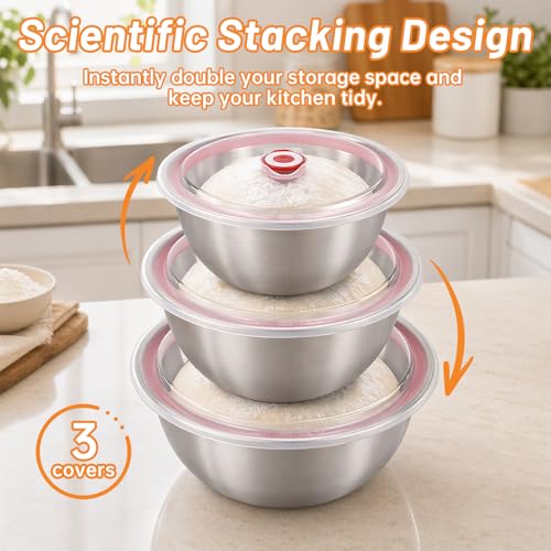 3 PCS Pizza Dough Proofing Container Set, 27oz/40oz/60oz 304 Stackable Stainless Steel Proofing Box with Clear Lid, Includes Dough Scraper, Ideal for Bulk Fermentation of Sourdough & Bread