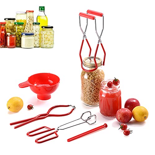5PCS Canning Supplies Canning Kit, Canning Essentials Set Include Tongs, Wide Mouth Funnel, Jar Lifter, Jar Wrench, Magnetic Lid Lifter, Stainless Steel Anti-Scald Clip Suit (Red) - color: Red