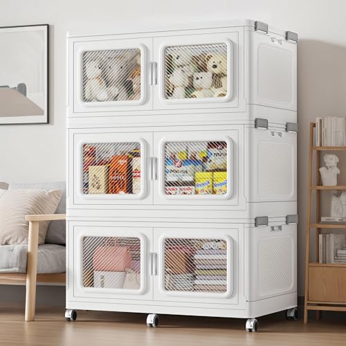 BROVIEW 660Qt Extra Large Stackable Storage Bins with Lids,165Gal Stackable Storage Bins Open Front with Wheels, Plastic Storage Cart Organizer and Storage for Home Kitchen, 3 Packs, White