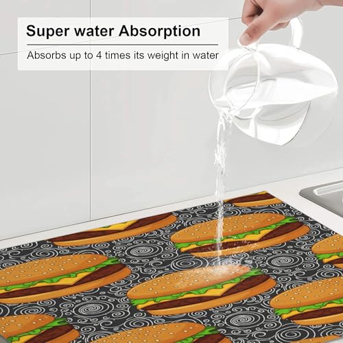 Dish Drying Mat for Kitchen Counter - Cheeseburger Absorbent Heat Resistant Microfiber Dishes Drainer Mat - Kitchen Gadgets Large Coffee Machine Dish Rack Pad 18"X24"