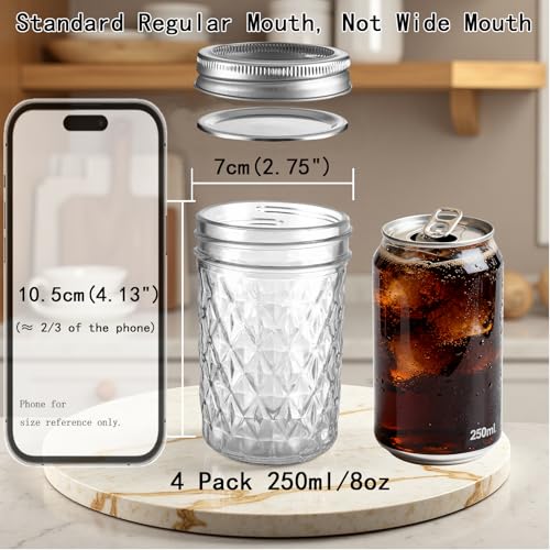 Mason Jars 8 oz Regular Mouth 4 Pack,Food Grade Glass Canning Jars with Airtight Lids, BPA Free Reusable Jars with Free Brush & Stickers for Food Storage, Canning, Jam, DIY Gifts - size: 8 oz