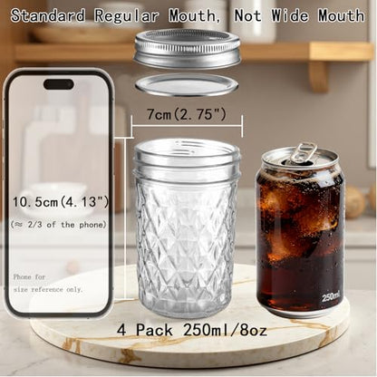 Mason Jars 8 oz Regular Mouth 4 Pack,Food Grade Glass Canning Jars with Airtight Lids, BPA Free Reusable Jars with Free Brush & Stickers for Food Storage, Canning, Jam, DIY Gifts - size: 8 oz