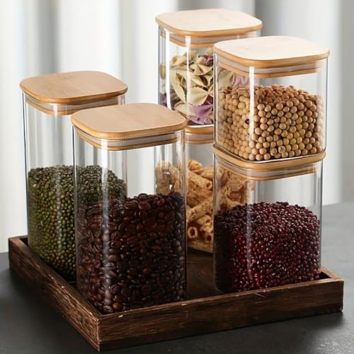 Glass Food Storage Jars with Airtight Lids, Clear Glass Jar with Bamboo Lid, Airtight Food Canister for Tea, Candy, Coffee, Sugar, Cookie, Snack. (Square | 5+6 Inch | 38+20 oz) - color: Square 2 Pack (38+20oz)