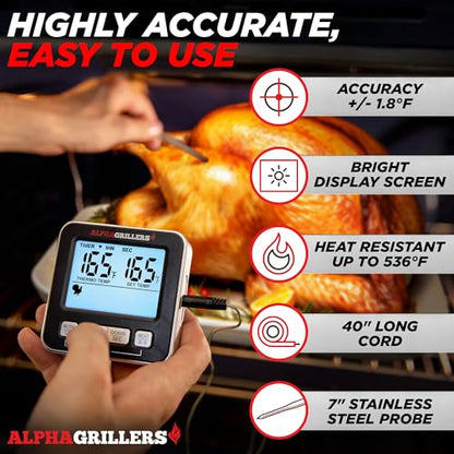 Alpha Grillers 육류 온도계 디지털 - 음식 요리, 그릴링, BBQ 스모커용 주방 오븐 온도계 - 7가지 사전 설정 온도 알림, 타이머, 알람 및 스테인리스 스틸 온도 탐침