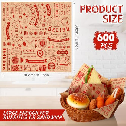 600 Pcs 12 x 12 Inch Deli Wax Paper Sheets Grease Resistant Tray Basket Liners Newsprint Paper Water and Grease Proof Sandwich Wrapping Square Hot Dog Wrappers for Food Baking (Red on Brown) - color: Red on Brown
