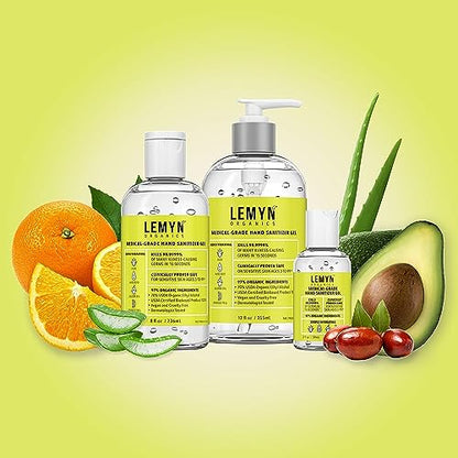 Lemyn Organics Medical‑Grade Hand Sanitizer Gel – 97 % Organic | 70 % USP Ethyl Alcohol | Moisturizing Aloe + Hyaluronic Acid | Freshly Made in USA | 12oz Bottle with Pump (PACK OF 4) - size: 12 Fl Oz (Pack of 4)