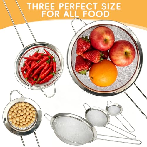 3-Piece Stainless Steel Mesh Strainer Set Small/Med/Large Fine Mesh Kitchen Sifters w/Handles – Silver, for Sifting/Straining/Cooking