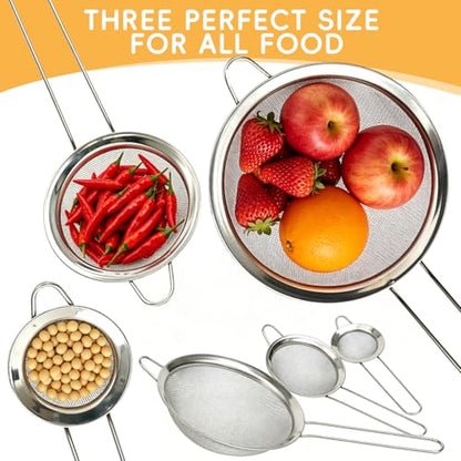 3-Piece Stainless Steel Mesh Strainer Set Small/Med/Large Fine Mesh Kitchen Sifters w/Handles – Silver, for Sifting/Straining/Cooking