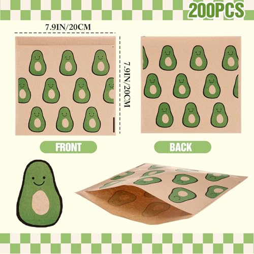 Epakh 200 Pack Paper Sandwich Bags Avocado Design 8 × 8 Inch Happy Food Storage Recyclable Grease Resistant Disposable Snack Bags for Family Home Use - style: Avocado