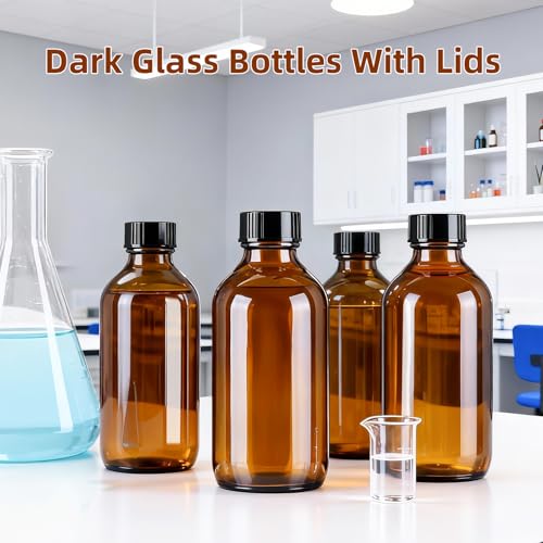 4oz (24 Pack) Amber Boston Round Glass Bottles with Black Caps-Includes Funnel & Stickers,Brown Airtight Refillable Containers for Essential Oils,Tinctures,Vanilla Extract, Home Brewing,DIY Storage
