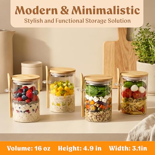 Overnight Oats Containers with Lids, Labels & Spoons (4 x 16oz) Glass Jars for Oatmeal, Meal Prep, Food Storage | Leak-Proof Mason Jars for Oats, Cereal, Yogurt, Chia Pudding [Thicker Glass 3mm] - color: Bamboo Lid