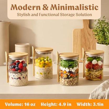 Overnight Oats Containers with Lids, Labels & Spoons (4 x 16oz) Glass Jars for Oatmeal, Meal Prep, Food Storage | Leak-Proof Mason Jars for Oats, Cereal, Yogurt, Chia Pudding [Thicker Glass 3mm] - color: Bamboo Lid