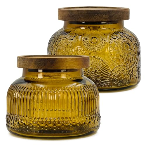 Decorative Amber Glass Jar with Airtight Wooden Lid 25.4 oz 2 pc, Wide Mouth Vintage Kitchen Food Storage Containers for Cookie Candy Honey Flour Spice Coffee Tea, Home Decor Sand Candle Holder Vase - size: 25.4 Ounces, style: Amber 2pc